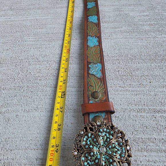 Vintage Arden B Genuine Leather Belt with Ornate Turquoise-Style Buckle - Picture 2 of 9